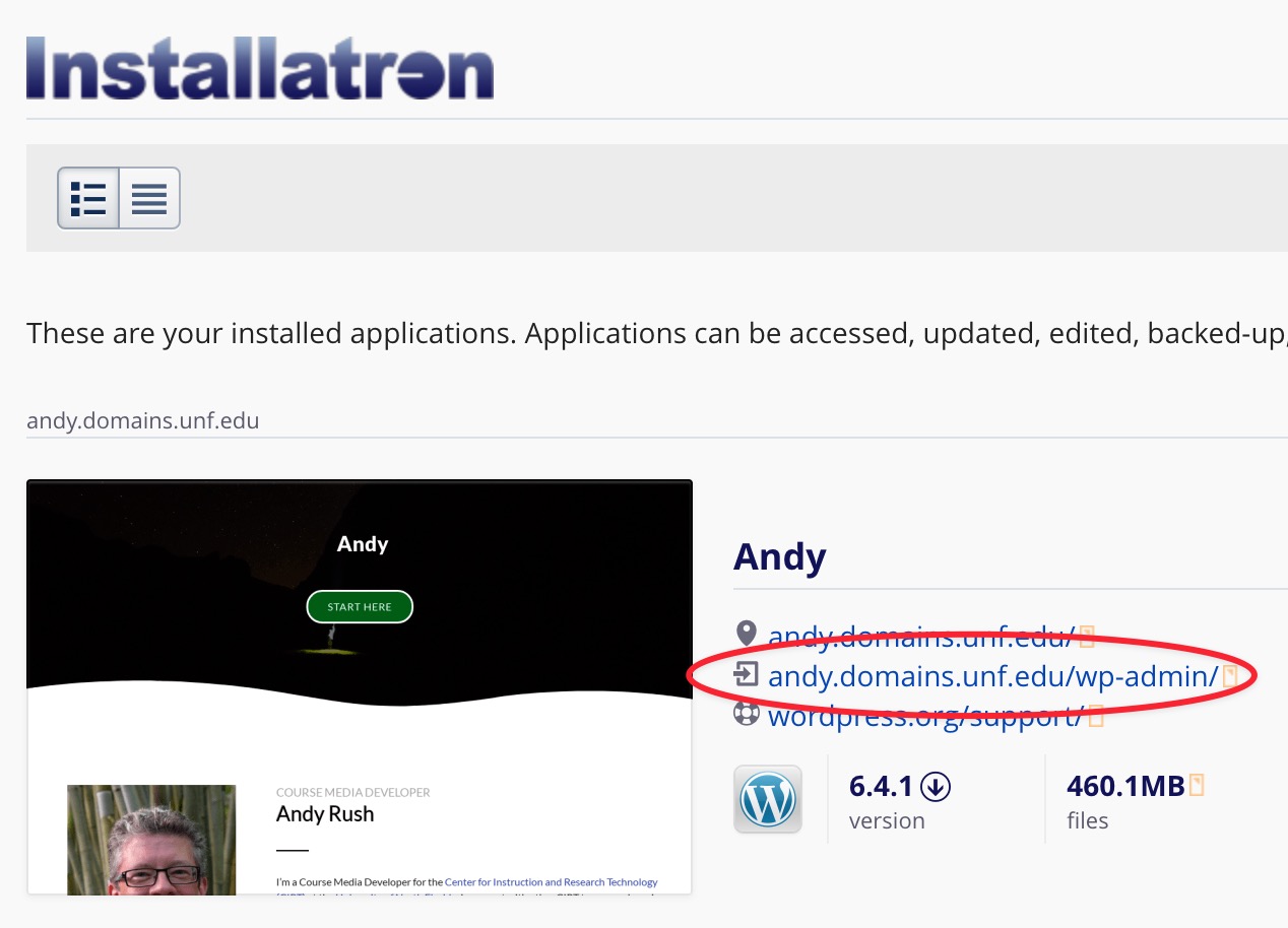 Installatron page with admin link highlighted in red
